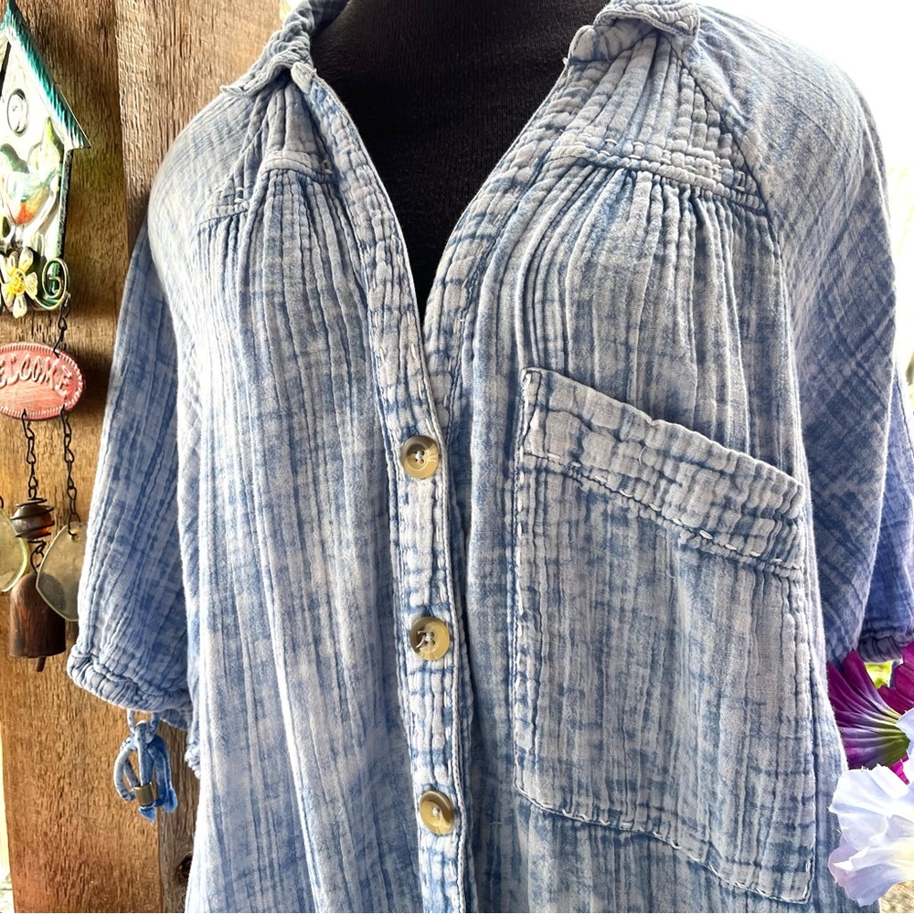 Free People Blue Soft Puckered Cotton Loose w Puff Sleeves/Pockets Midi Dress L - Picture 4 of 11